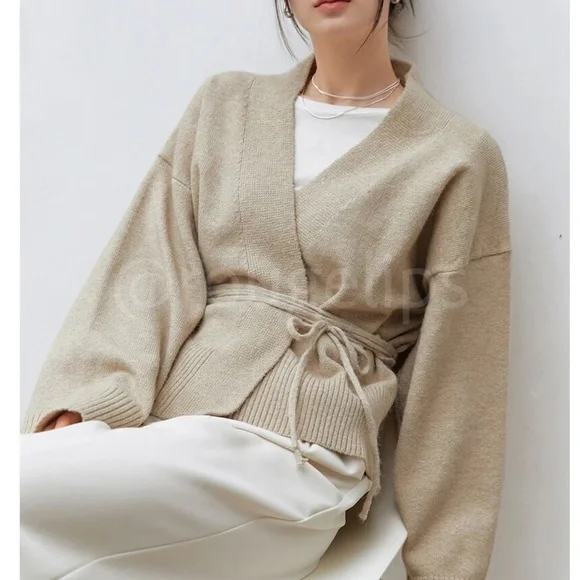 Oatmeal Beige Knit Kimono Sweater Tie Belt Boxy Loose Fit Drop Shoulder Wrap - Picture 3 of 12
